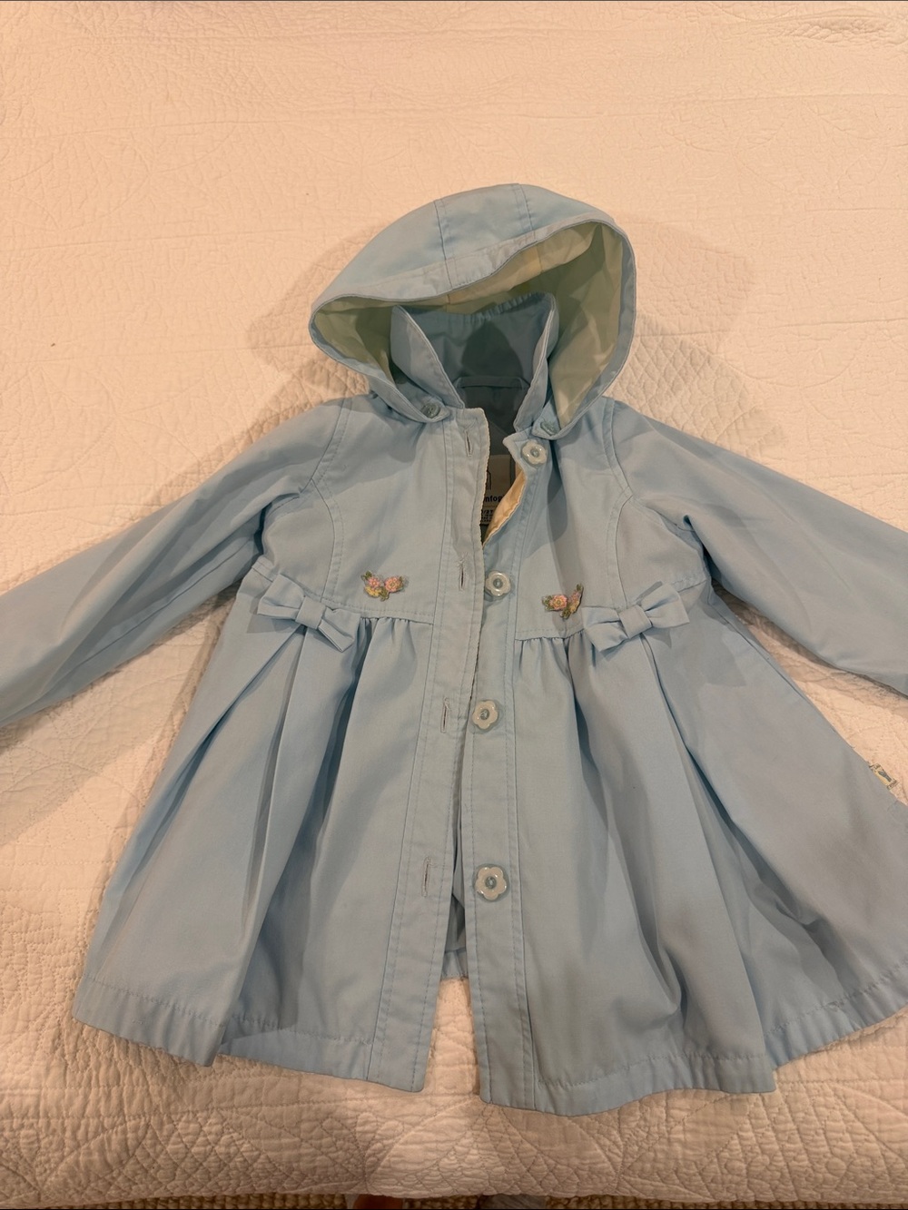 London Fog Light Blue Hooded Girls Raincoat with Bows